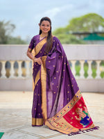 Thumbnail for Vedant Vastram Soft Litchi Silk Paithani Jacquard Saree - Wine - Dista