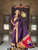 Thumbnail for Vedant Vastram Soft Litchi Silk Paithani Jacquard Saree - Wine - Dista