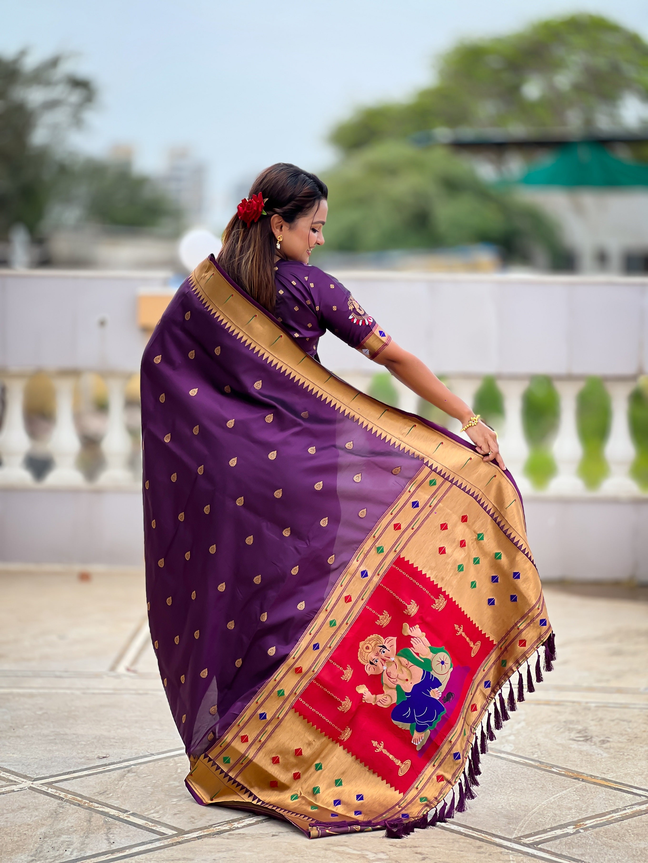 Vedant Vastram Soft Litchi Silk Paithani Jacquard Saree - Wine - Dista
