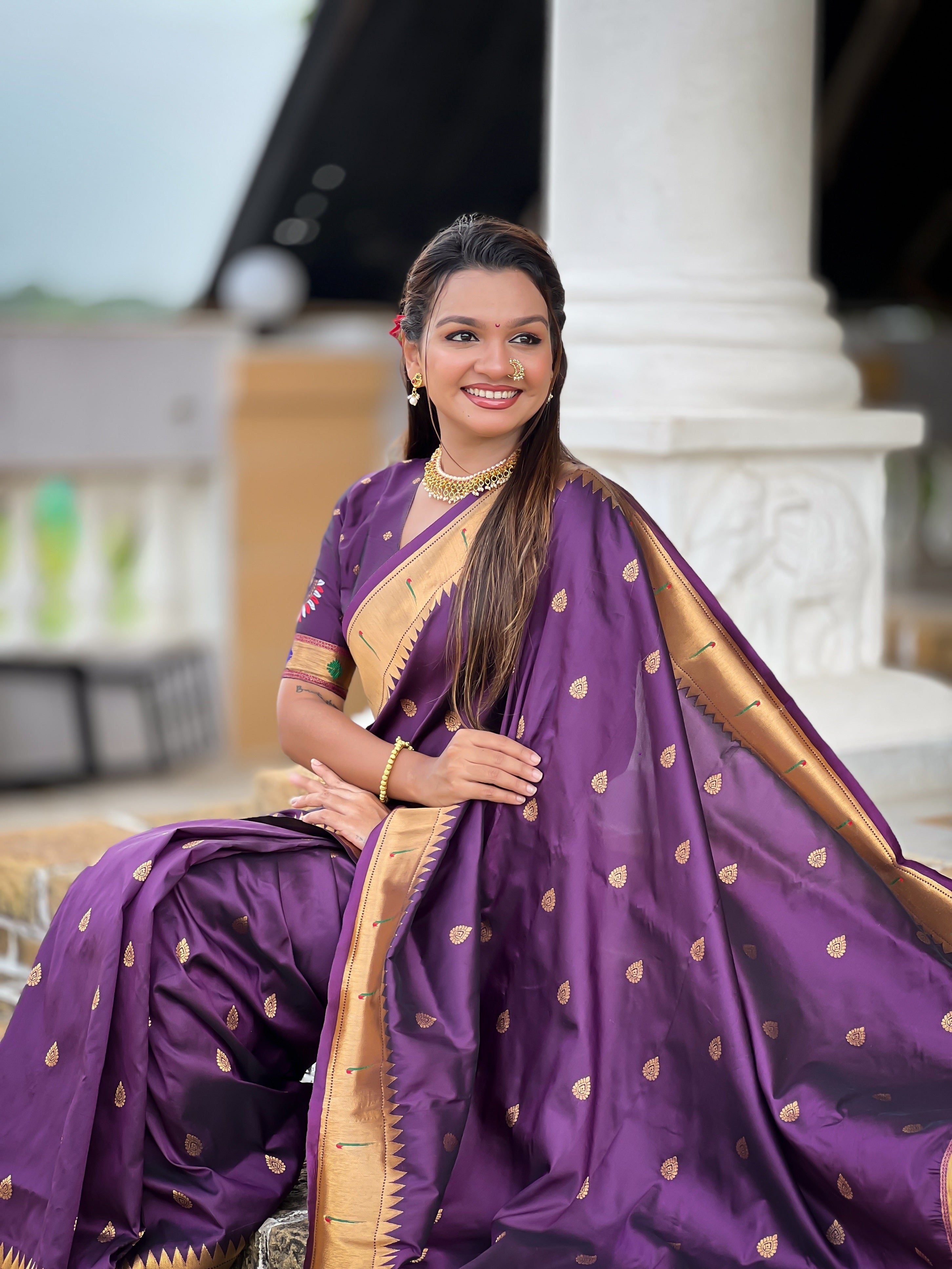 Vedant Vastram Soft Litchi Silk Paithani Jacquard Saree - Wine - Dista