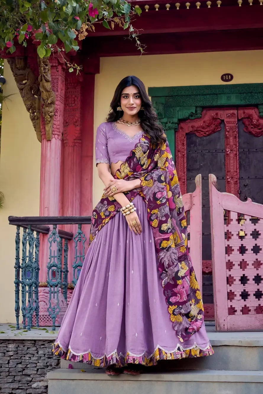 Looknbook Art Vichitra Silk Sequins and Thread Embroidery Work With Kalamkari Print Border Lehenga Choli-Lavender