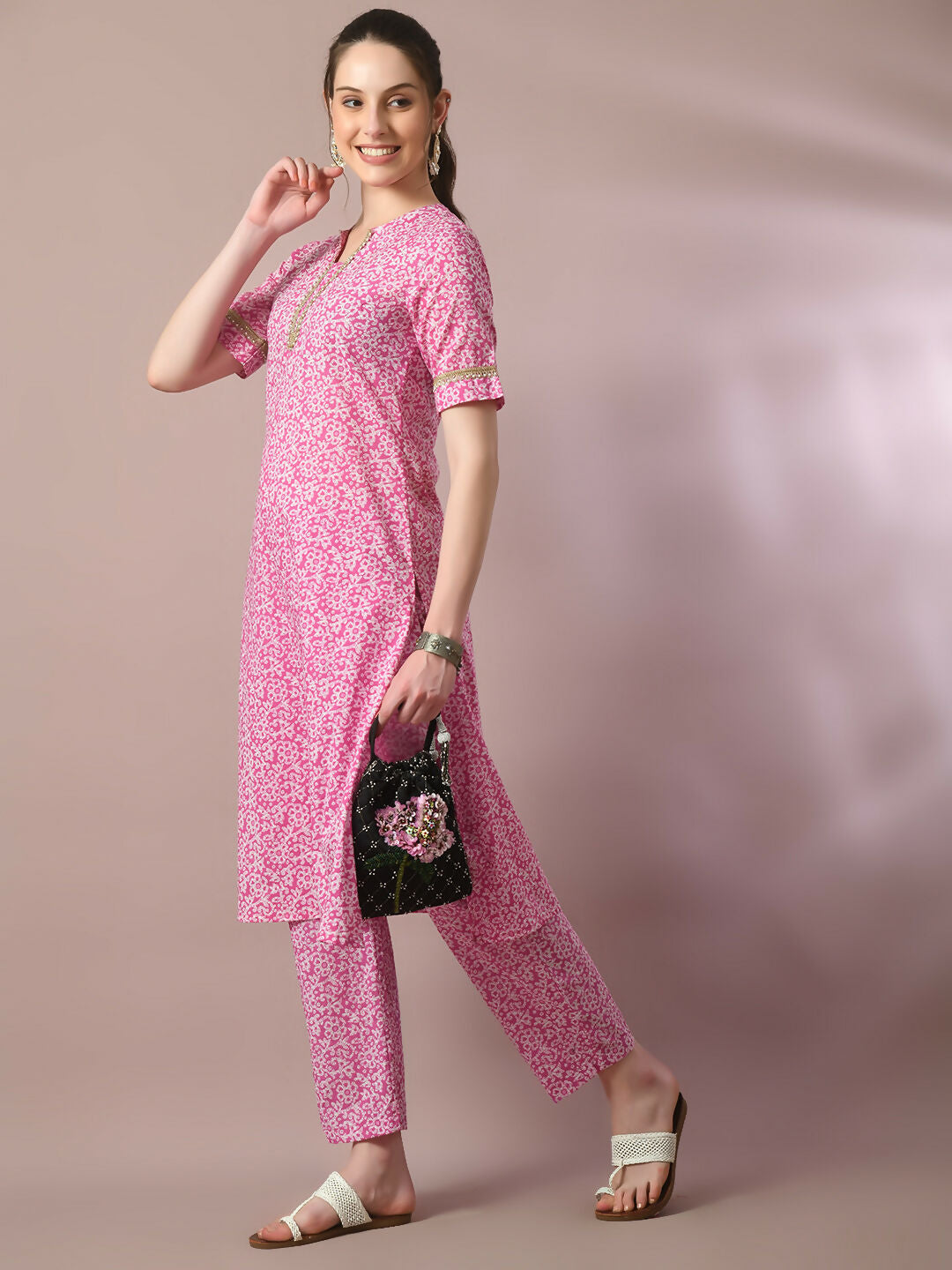 Myshka Women's Pink Printed Cotton Straight Party Kurta Set - Distacart