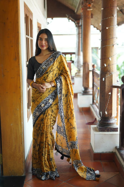 Arfa Fashion House Mustered Combination Pure Chanderi Cotton Batik Printed Saree - Distacart