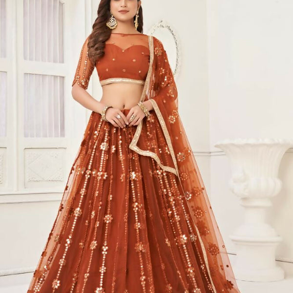 Aastha Fashion Brown Butterfly Net Tone To Tone Thread Work And Mirror Work Embroidery Wedding Wear Lehenga Choli - Distacart