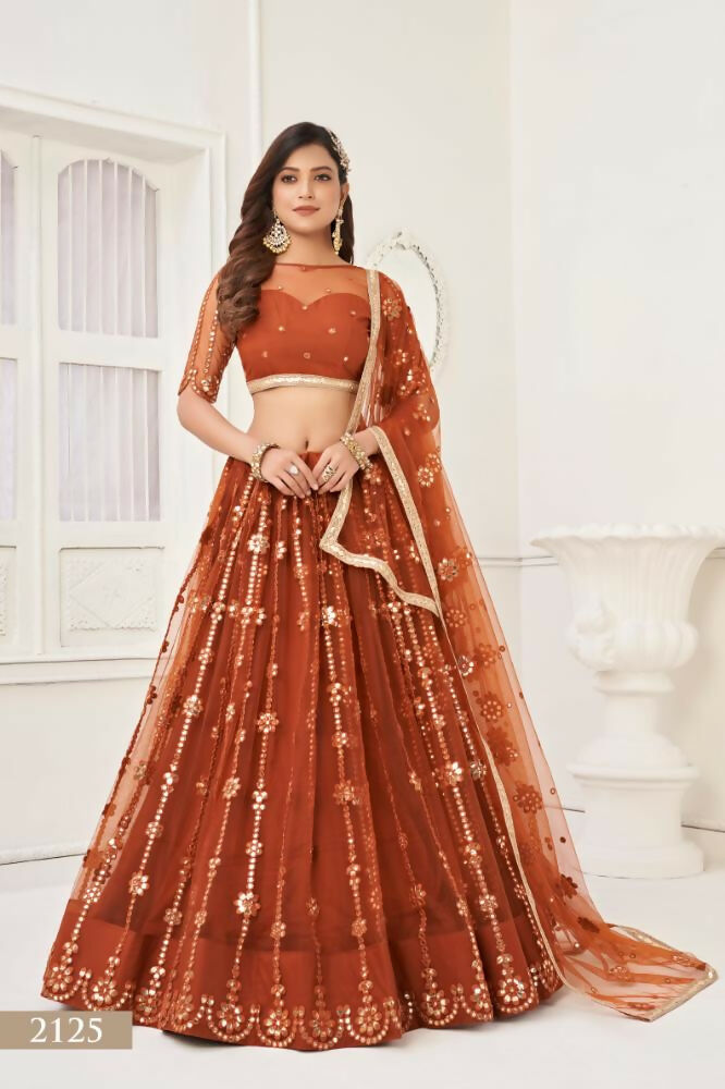 Aastha Fashion Brown Butterfly Net Tone To Tone Thread Work And Mirror Work Embroidery Wedding Wear Lehenga Choli - Distacart