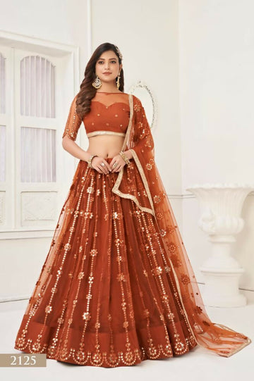 Aastha Fashion Brown Butterfly Net Tone To Tone Thread Work And Mirror Work Embroidery Wedding Wear Lehenga Choli - Distacart