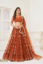 Thumbnail for Aastha Fashion Brown Butterfly Net Tone To Tone Thread Work And Mirror Work Embroidery Wedding Wear Lehenga Choli - Distacart