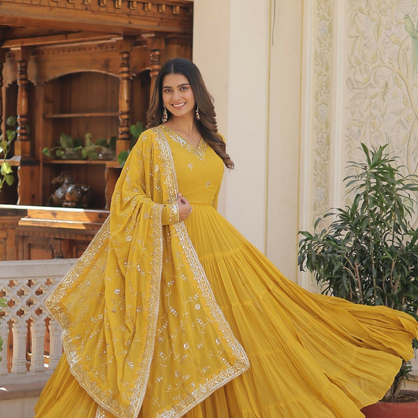 Joban Fashion Yellow Georgette Sequence Embroidery Work Kurta Set