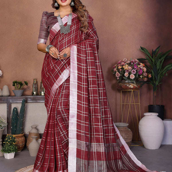 Aastha Fashion Red Linen Weaving Saree - Distacart