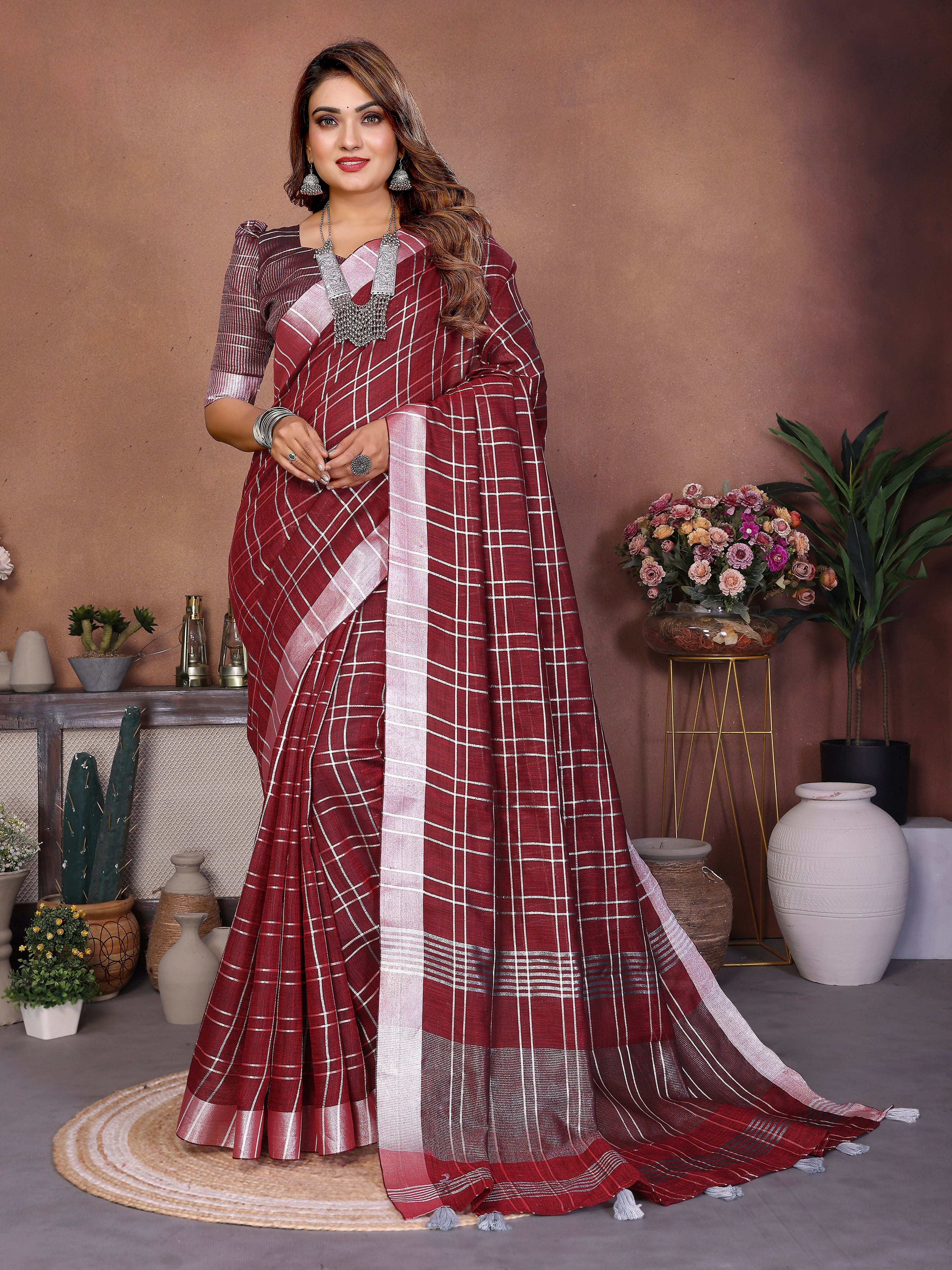 Aastha Fashion Red Linen Weaving Saree - Distacart