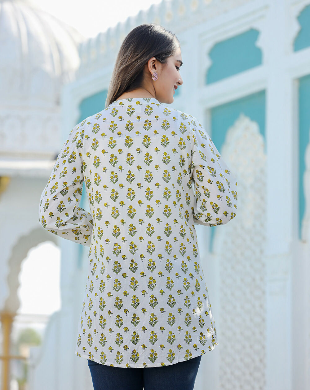 Kaajh Women's Yellow-White Floral Hand Block Printed Cotton Top - Distacart