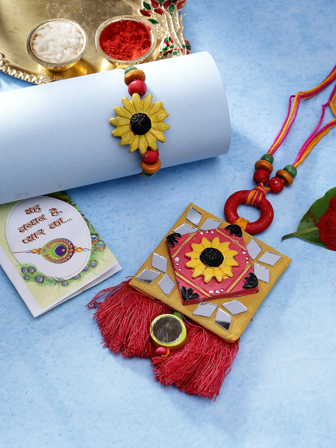 NVR Women & Men Set of 2 Red & Yellow Mirror Work Handcrafted Bhaiya Bhabi Rakhi With Roli Chawal - Distacart