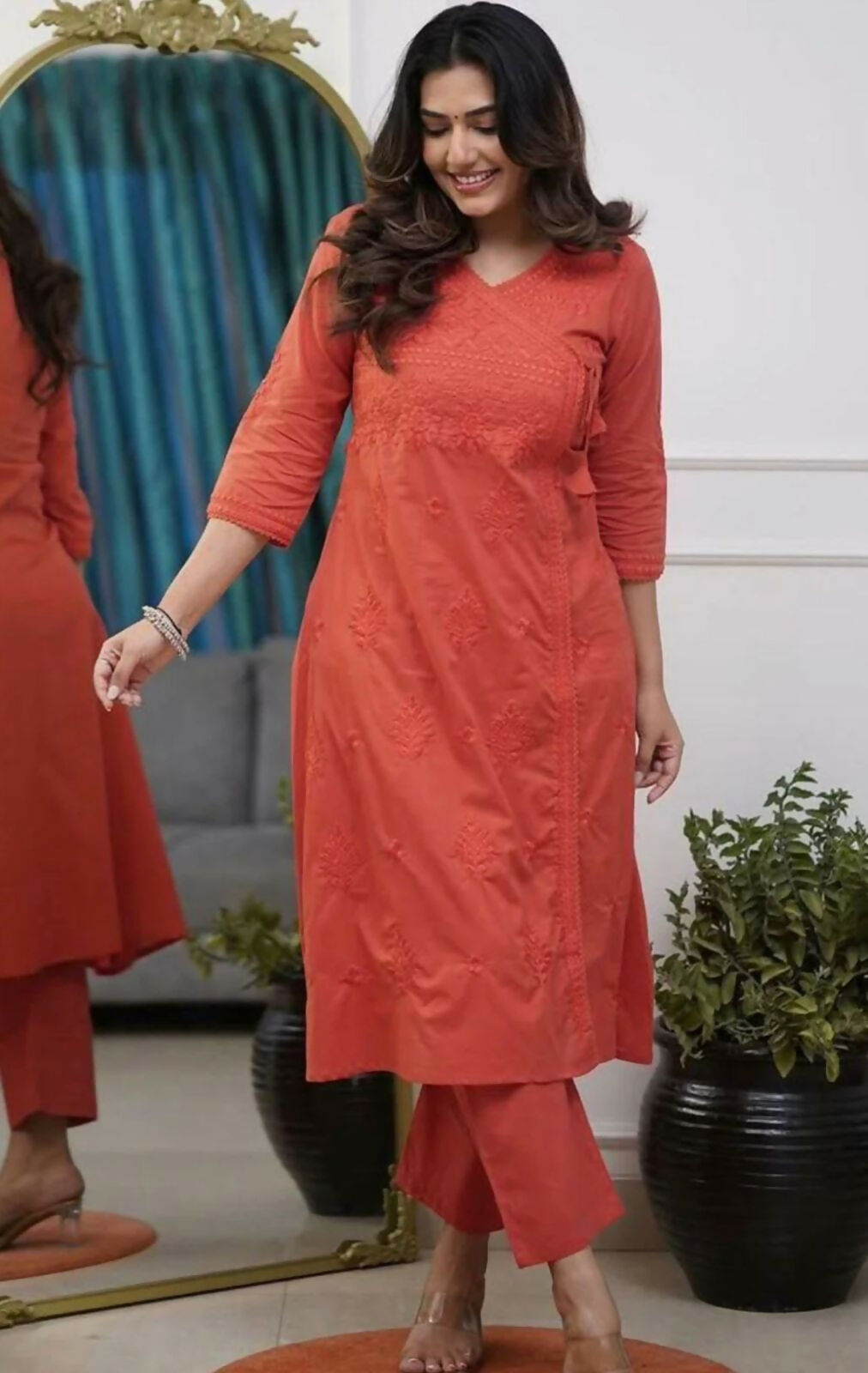 Miravan Womens Rust Floral Printed Angrakha Style Kurta With Palazzo - Dista