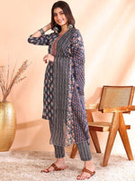 Thumbnail for Ode by House of Pataudi Printed Thread Work Pure Cotton Kurta With Trousers & Dupatta - Distacart