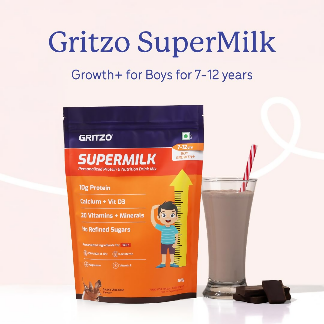 Gritzo SuperMilk Growth+ (Formerly Height+) (7-12y Boys) - Double Chocolate, with Super Gummies - Strawberry - Distacart