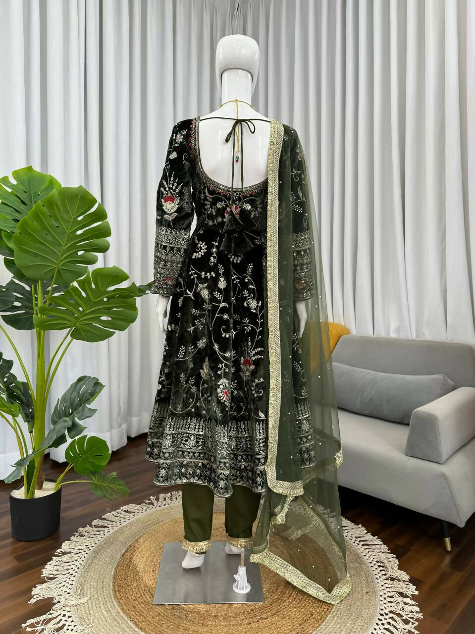 Vastranavya Mehendi Viscose Velvet Thread Sequence Work Top-Bottom With Dupatta