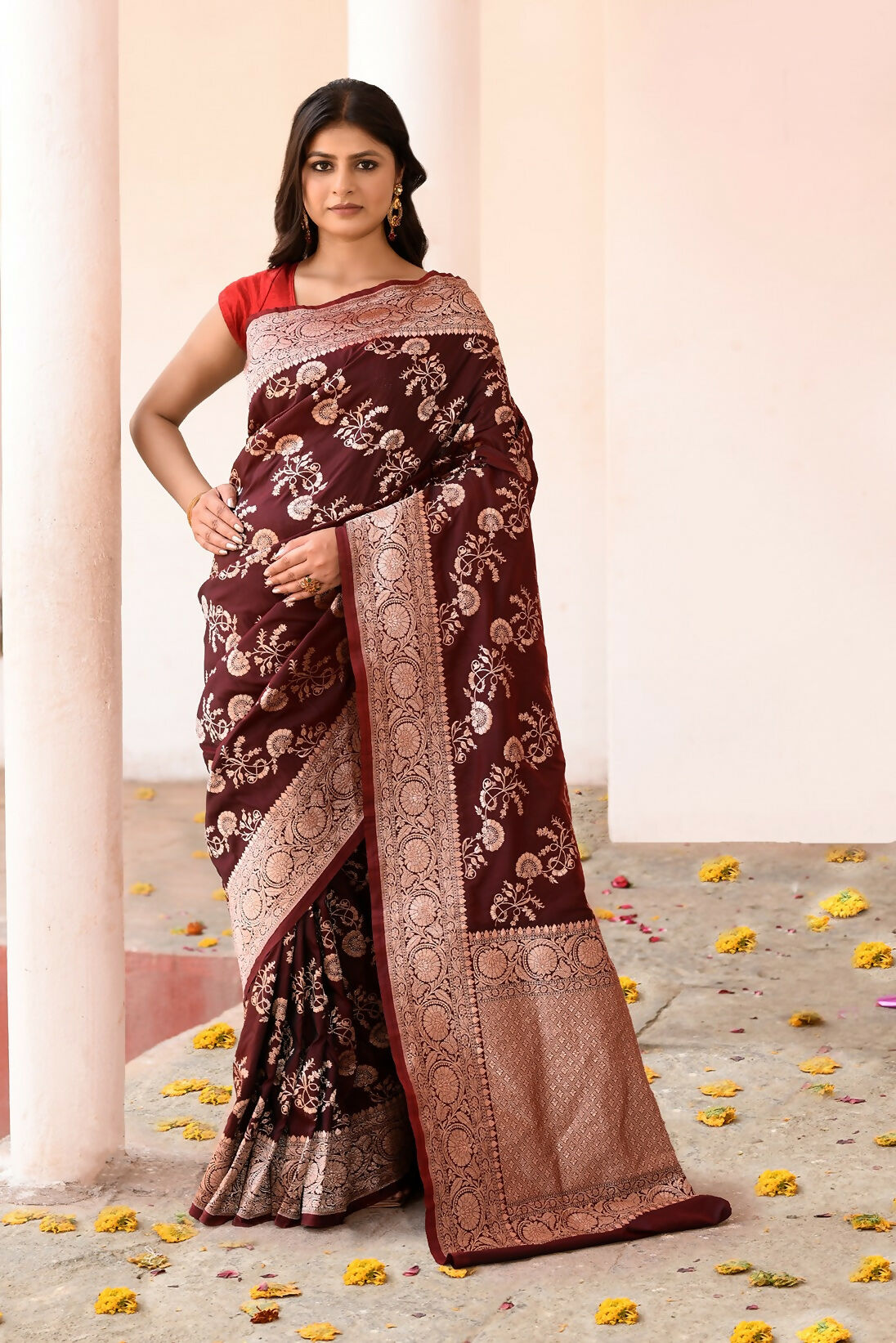 Joban Fashion Coco Brown Banarasi Soft Pure Handloom Banarasi Silk Saree - Dista