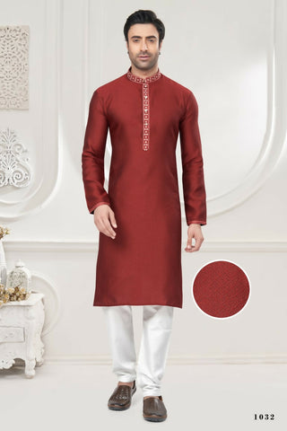 Functional Designer Men's Red Jacquard Kurta With Pant - Rudra - Distacart