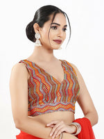 Thumbnail for Joban Fashion Red Multi Silk Padded Blouse With V Neck Sleeveless - Distacart