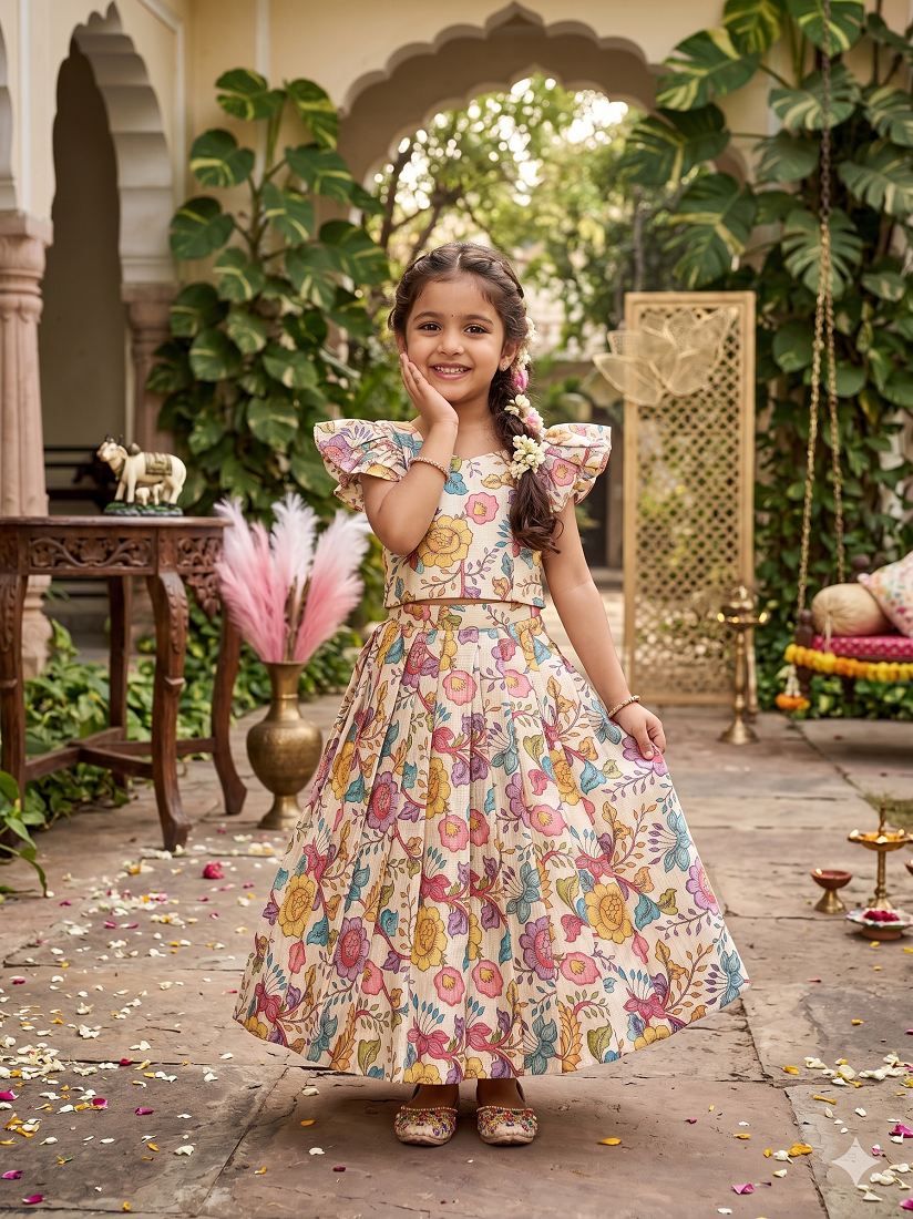 Evanik White Kota Chex Fabric With Floral Printed Kids Lehenga Choli - Dista