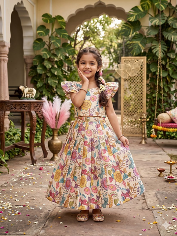 Evanik White Kota Chex Fabric With Floral Printed Kids Lehenga Choli - Dista