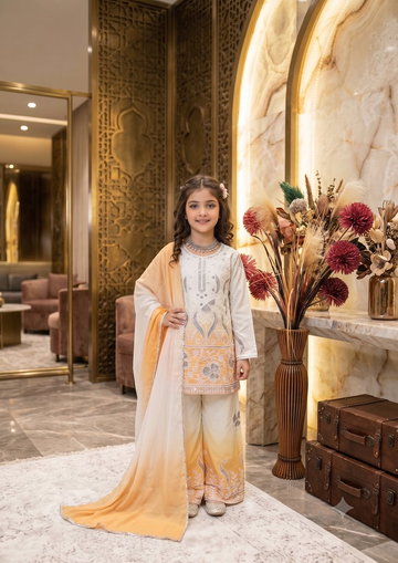 Evanik Yellow Designer Party Wear Heavy Natural Crepe Kids Top Palazzo & Dupatta Set - Dista