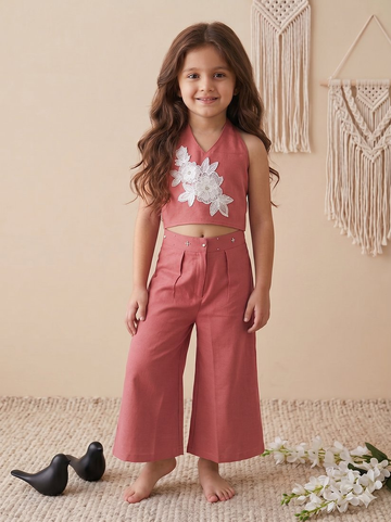 Evanik Pink Pure Khadi Cotton With Patch Work Kids Summer Co-Ord Set - Dista