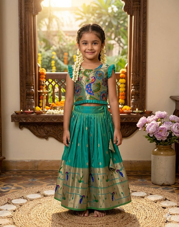 Evanik Designer Bottlegreen Soft Silk Paithani Design Lehenga Choli For Girls-Party & Ethnic Wear - Dista
