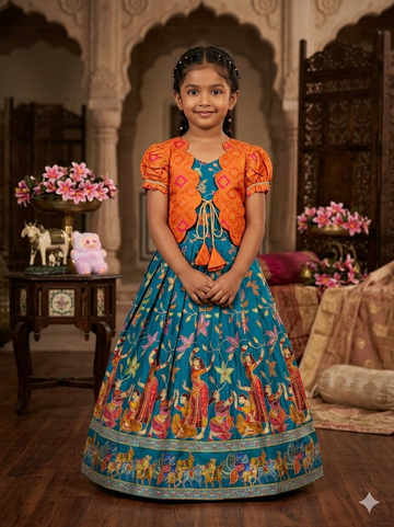 Evanik Blue Designer Viscose Natural Crepe Position With Kalamkari Work Gown Koti for Kids - Dista