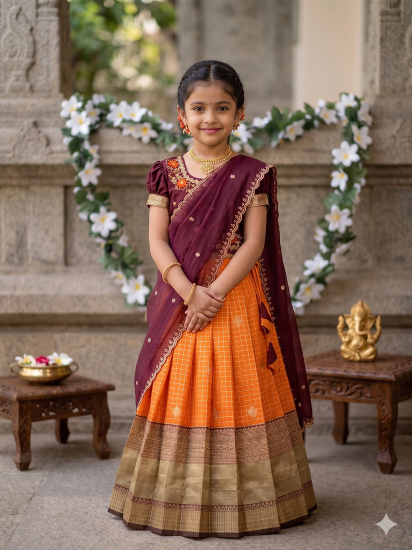 Evanik Maroon Vichitra Silk Zari With Heavy Maggam Work Kids Half Saree - Dista