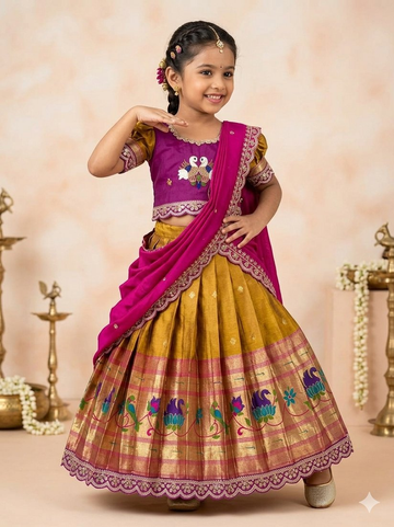 Evanik Pink Kids Paithani Simmer Silk Zari Weaving Pavadai Lehenga Choli Set - Dista
