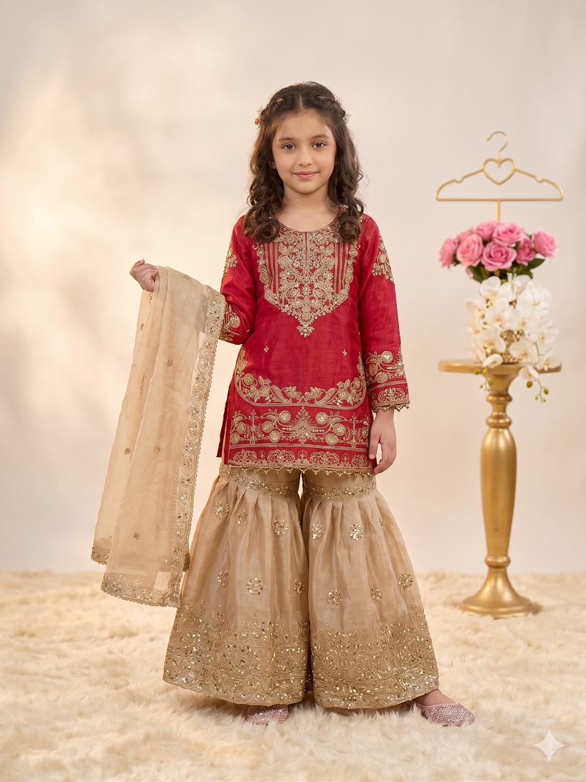 Evanik Red Girls Embroidered Silk Kurta With Sharara And Dupatta Set - Dista