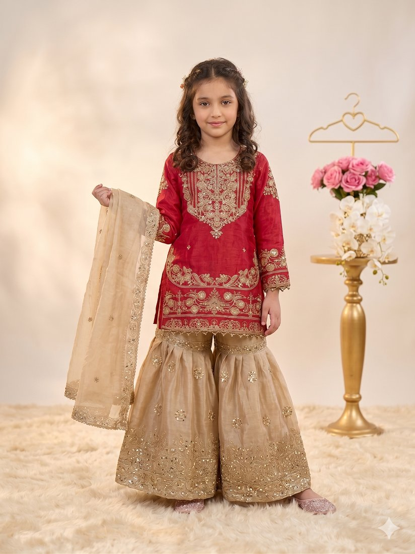 Evanik Red Girls Embroidered Silk Kurta With Sharara And Dupatta Set - Dista