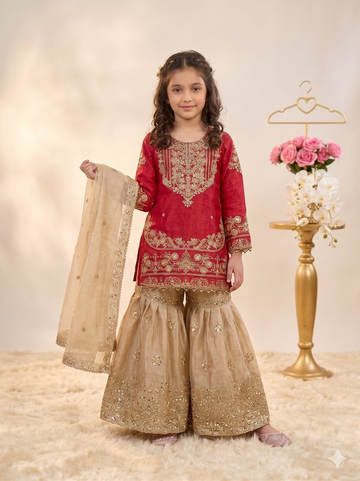Evanik Red Girls Embroidered Silk Kurta With Sharara And Dupatta Set - Dista