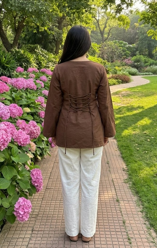 Jaitra Apparels Pure Cotton Solid Brown Kurti with Back Dori - Dista