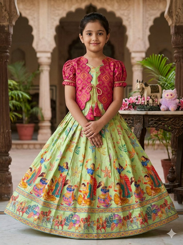 Evanik Green Designer Viscose Natural Crepe Position With Kalamkari Work Gown Koti for Kids - Dista