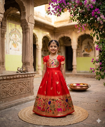 Evanik Red Soft Paithani Silk Zari Weaving Birds Pattern Kids Gown - Dista