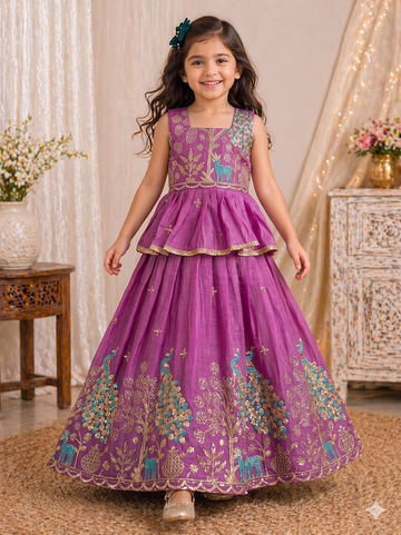 Evanik Pink Pure Gold Crush With Peacock Design Work Kids Lehenga Choli - Dista