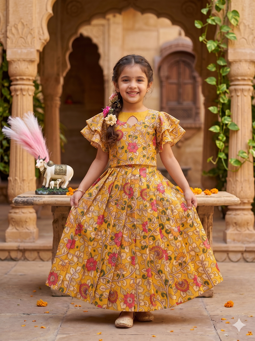 Evanik Yellow Kota Chex Fabric With Floral Printed Kids Lehenga Choli - Dista