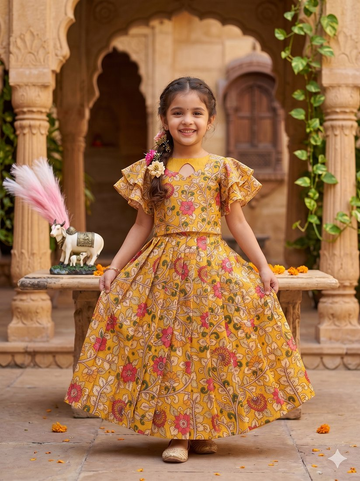 Evanik Yellow Kota Chex Fabric With Floral Printed Kids Lehenga Choli - Dista
