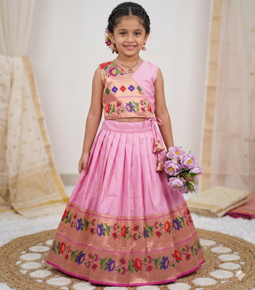 Evanik Pink Kids Paithani Silk Lotus Pattern Lehenga Choli - Dista