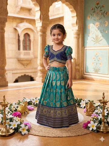 Evanik Teal Blue Pure Silk Zari With Heavy Maggam Work Lehenga Choli for Kids - Dista