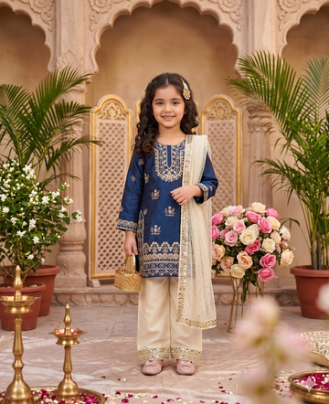 Evanik Traditional Royal Blue & Gold Embroidered Girls' Festive Suit - Dista