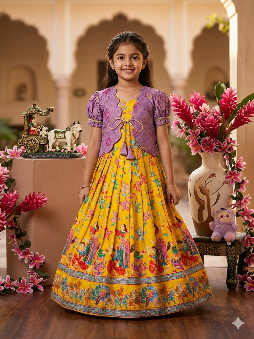Evanik Yellow Designer Viscose Natural Crepe Position With Kalamkari Work Gown Koti for Kids - Dista