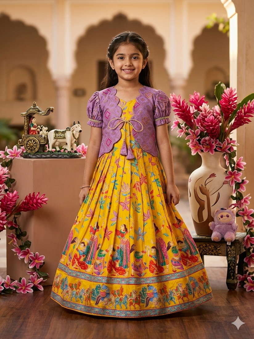Evanik Yellow Designer Viscose Natural Crepe Position With Kalamkari Work Gown Koti for Kids - Dista