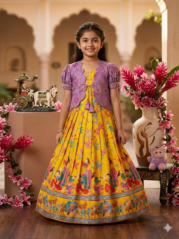 Evanik Yellow Designer Viscose Natural Crepe Position With Kalamkari Work Gown Koti for Kids - Dista