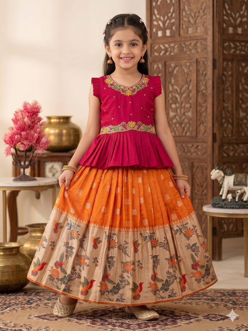 Evanik Pink Soft Khadi Georgette With Beutifull Handwork Kids Lehenga Choli - Dista