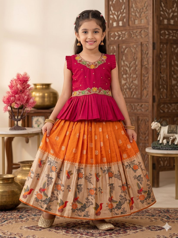 Evanik Pink Soft Khadi Georgette With Beutifull Handwork Kids Lehenga Choli - Dista