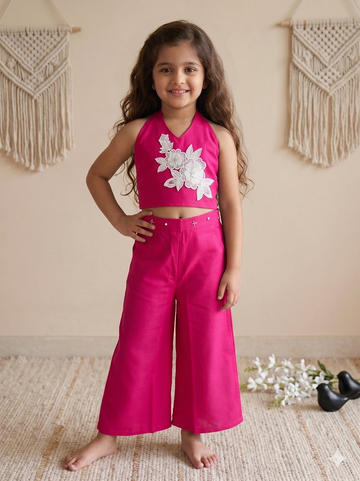 Evanik Pink Pure Khadi Cotton With Patch Work Kids Summer Co-Ord Set - Dista