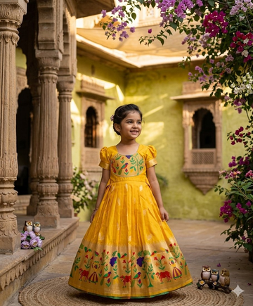 Evanik Yellow Soft Paithani Silk Zari Weaving Birds Pattern Kids Gown - Dista